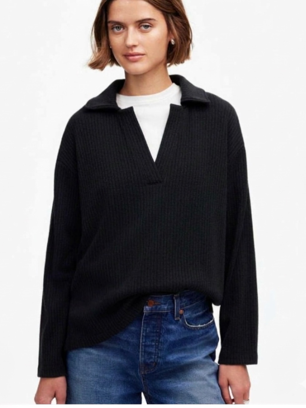 Madewell Relaxed Long Sleeve Rib Knit Classic Polo Tee Black Size Large